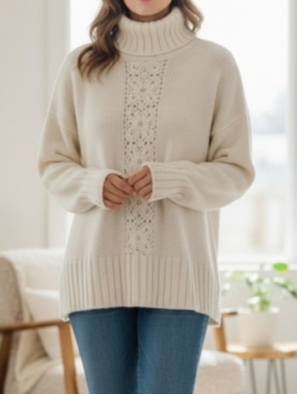 The Limited Cream Turtleneck Sweater With Flower Knit Accents M